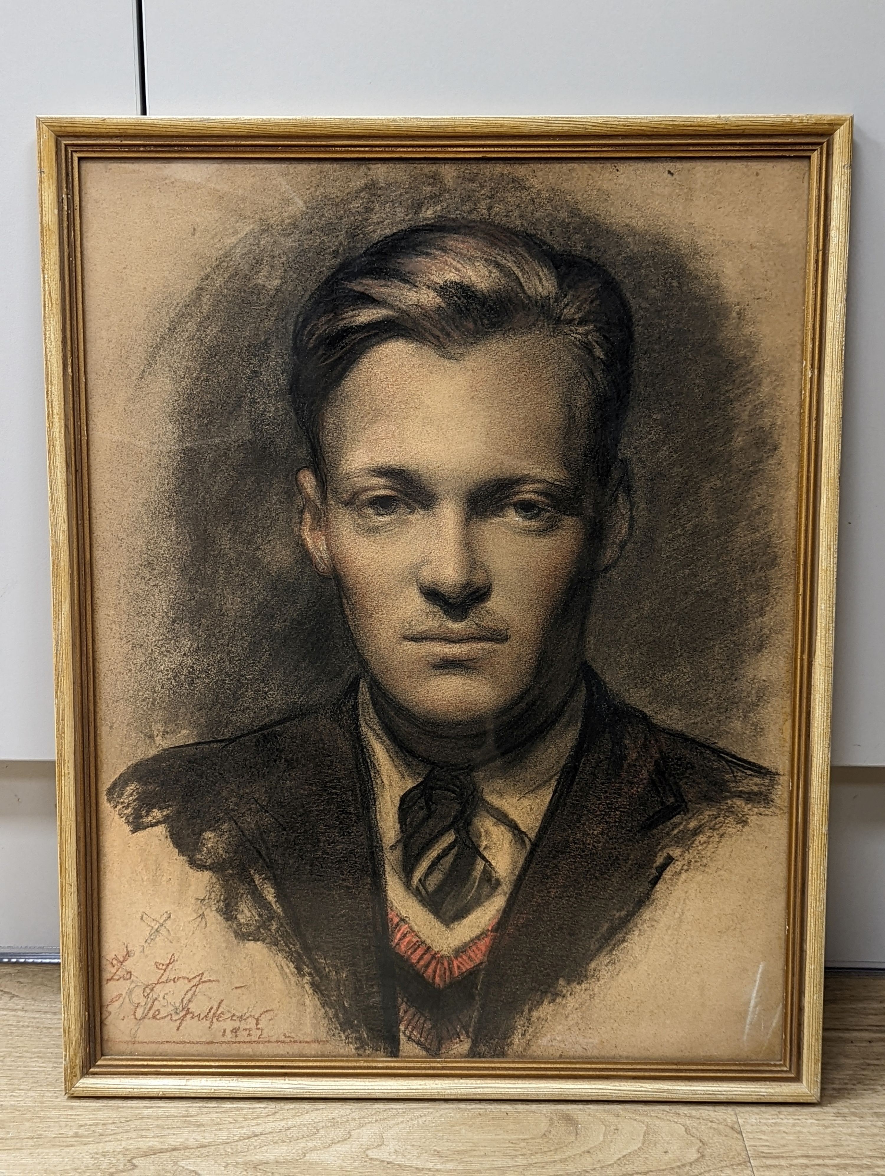 Émile Antoine Verpilleux MBE, (1888-1964), conte crayon, Portrait of Peter Godfrey-Fausett, signed and dated 1927, 45 x 35cm